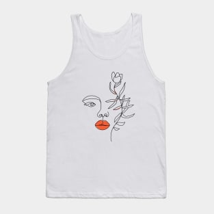 Minimal Woman line art. One line woman face and flower. Tank Top